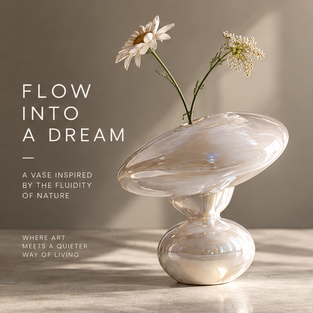 MARVOLM tilted disc hourglass vase in diagonal warm light with daisy and Queen Anne’s lace stems — Flow Into a Dream, a vase inspired by the fluidity of nature, where art meets a quieter way of living