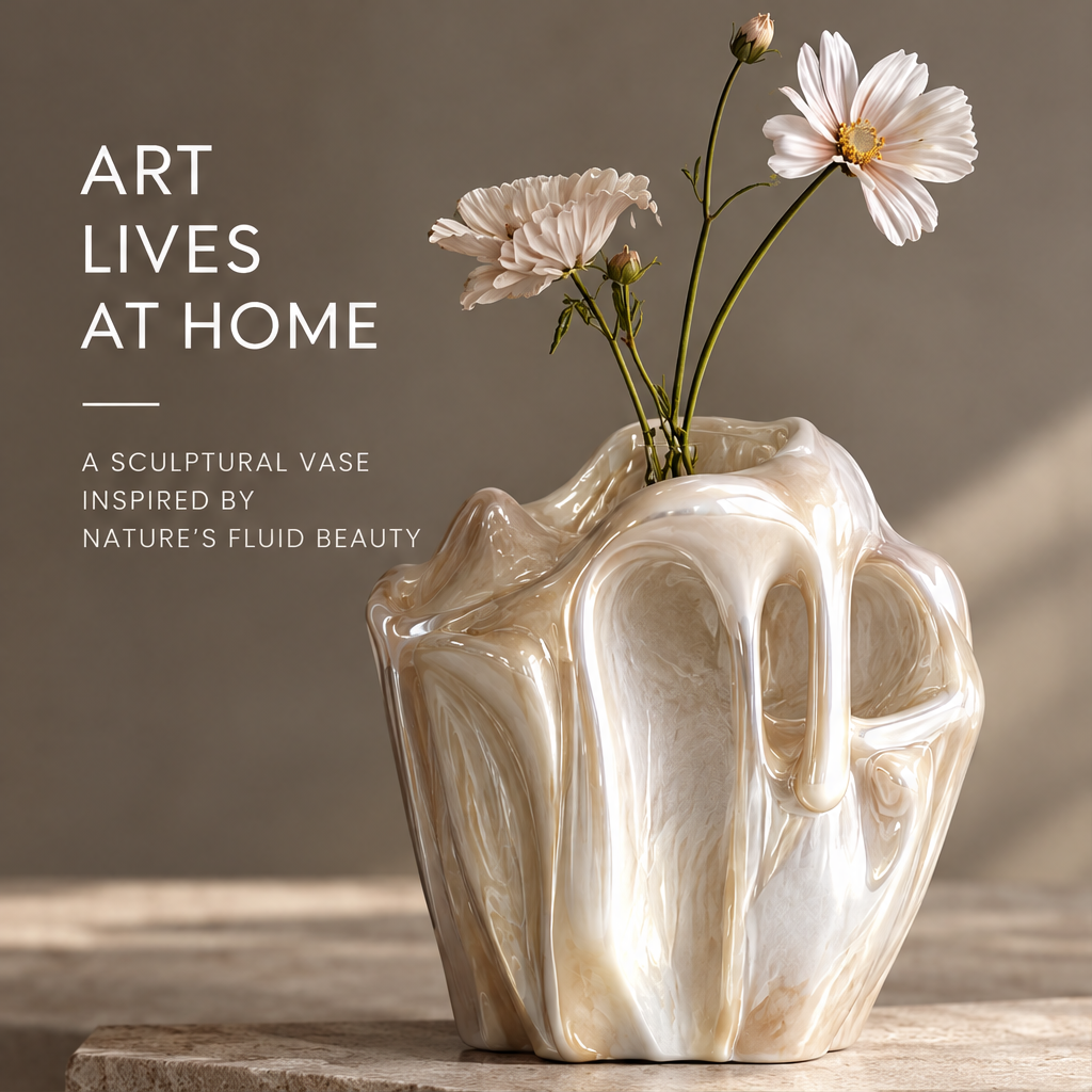 MARVOLM molten lava ruffle-rim sculptural vase with pink cosmos flowers against warm grey — Art Lives at Home, a sculptural vase inspired by nature’s fluid beauty
