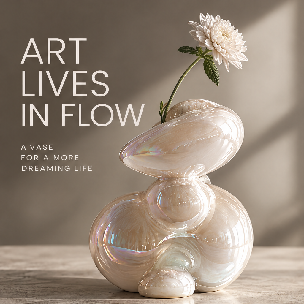 MARVOLM bubble-stack iridescent vase with white chrysanthemum in warm light — Art Lives in Flow, a vase for a more dreaming life