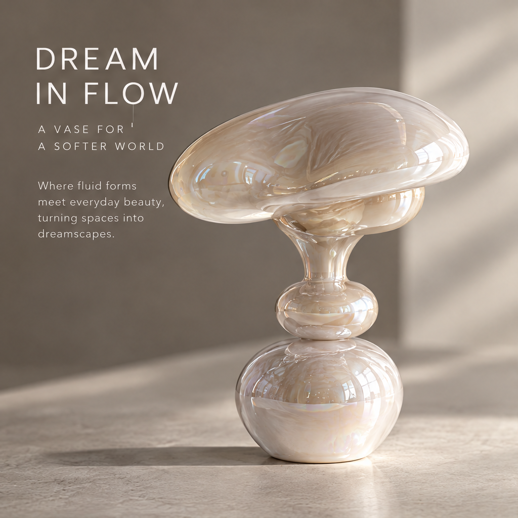 MARVOLM mushroom-cap sculptural vase clean product shot — wide tilted disc cap on sphere base, iridescent pearlescent glaze, neutral background