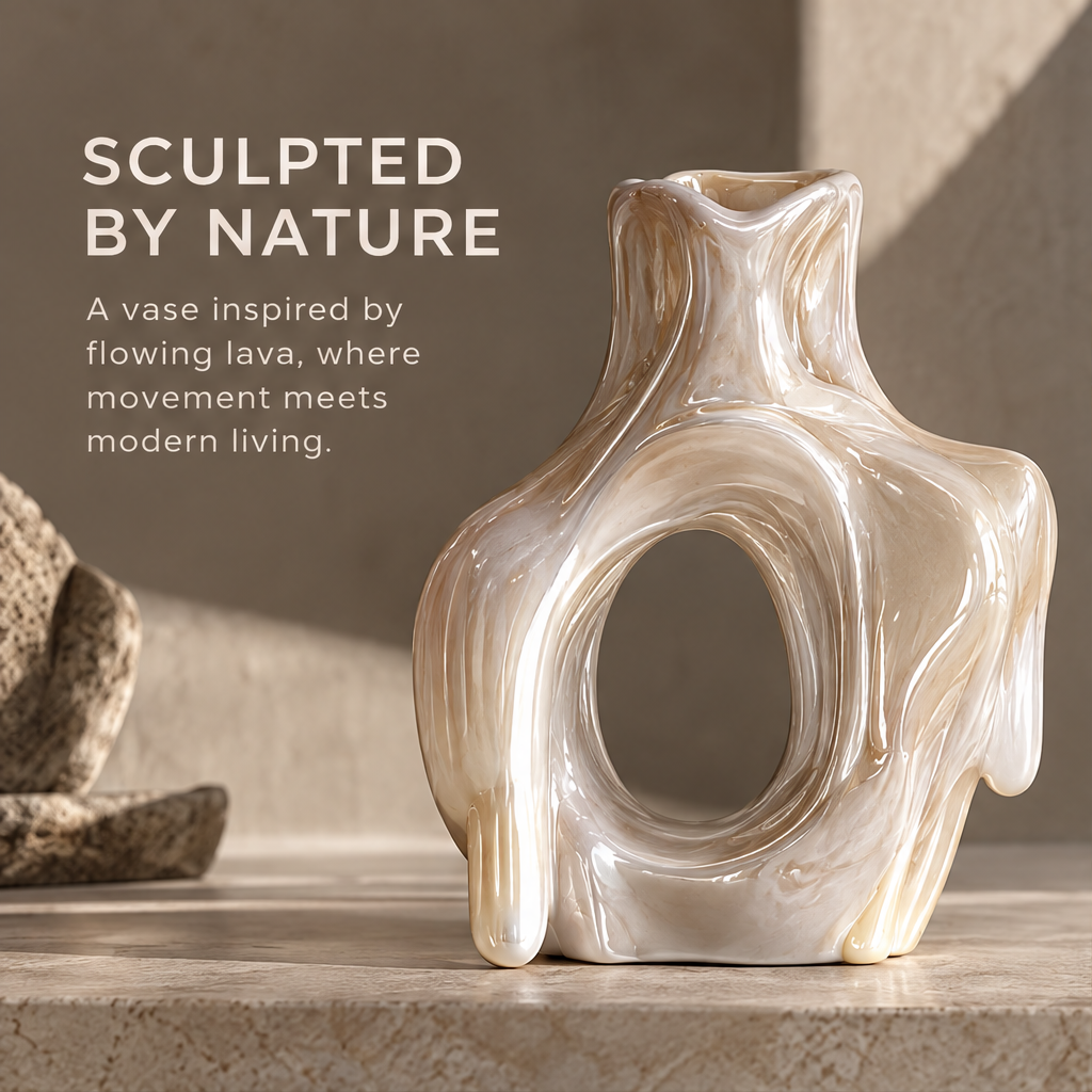 MARVOLM open-oval lava vase with dried cherry blossom branches in arched interior beside stone bowl — More Than a Vase, a fusion of art, craftsmanship and natural inspiration for a more beautiful tomorrow