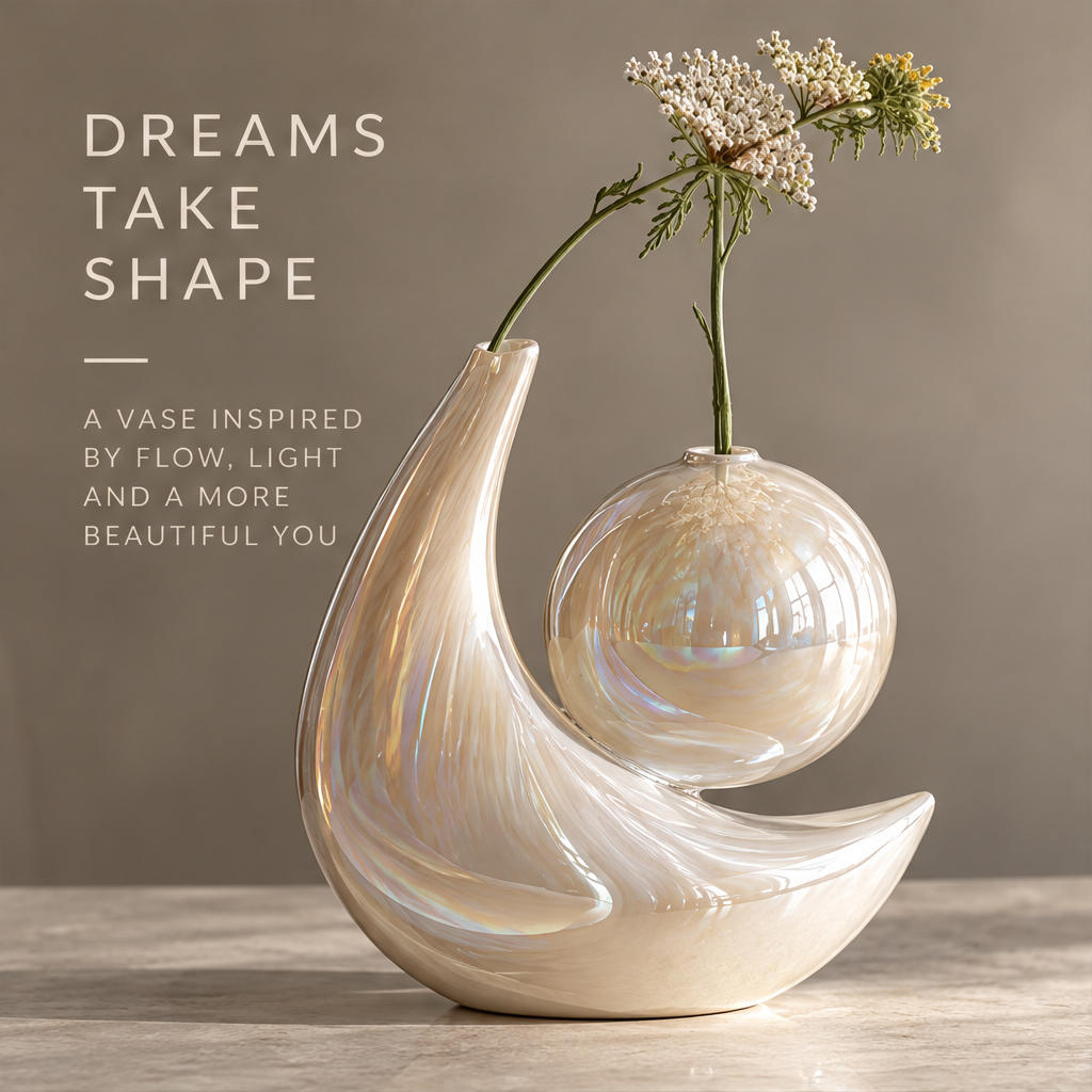 MARVOLM moon and orb vase on travertine table in arched stone interior — More Than a Vase, a poetic accent for a more inspired home