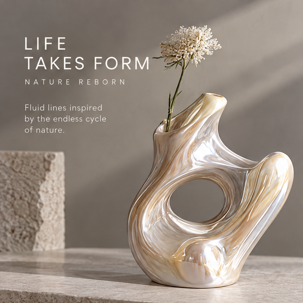 MARVOLM single-hole loop sculptural vase clean product shot — asymmetric side neck, large circular void, pearlescent gold glaze, neutral background
