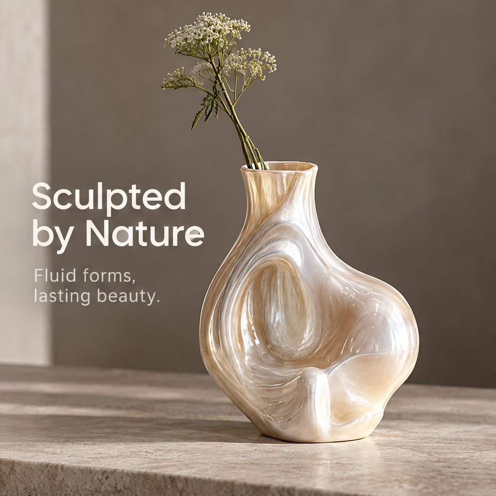 MARVOLM organic bulbous vase with Queen Anne’s lace clean product shot — full rounded belly with deep inset oval indent, flared neck, petal-base, iridescent champagne pearl glaze, neutral background