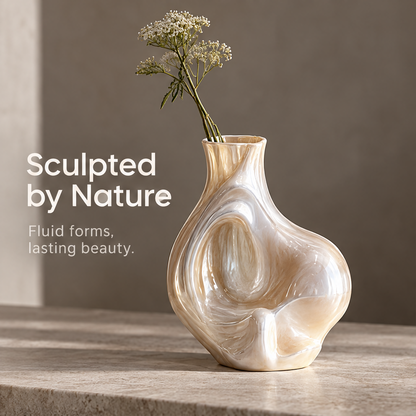 MARVOLM organic bulbous vase with Queen Anne’s lace clean product shot — full rounded belly with deep inset oval indent, flared neck, petal-base, iridescent champagne pearl glaze, neutral background