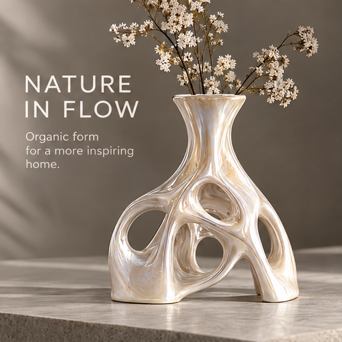 MARVOLM Nature in Flow tripod sculptural vase with white dried flowers — pearlescent glaze, organic form for a more inspiring home