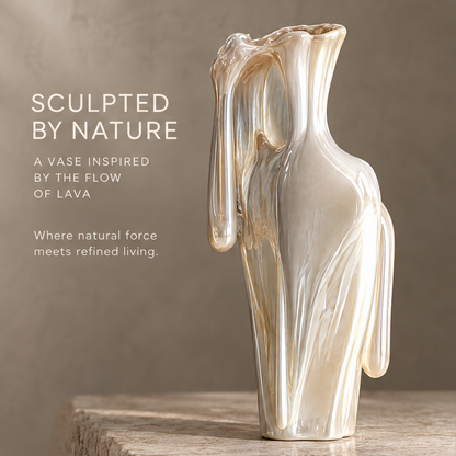 MARVOLM lava-drape tall torso sculptural vase with full cherry blossom branches beside stone sphere and column — More Than a Vase, a harmony of art and living, elevate everyday moments with extraordinary design