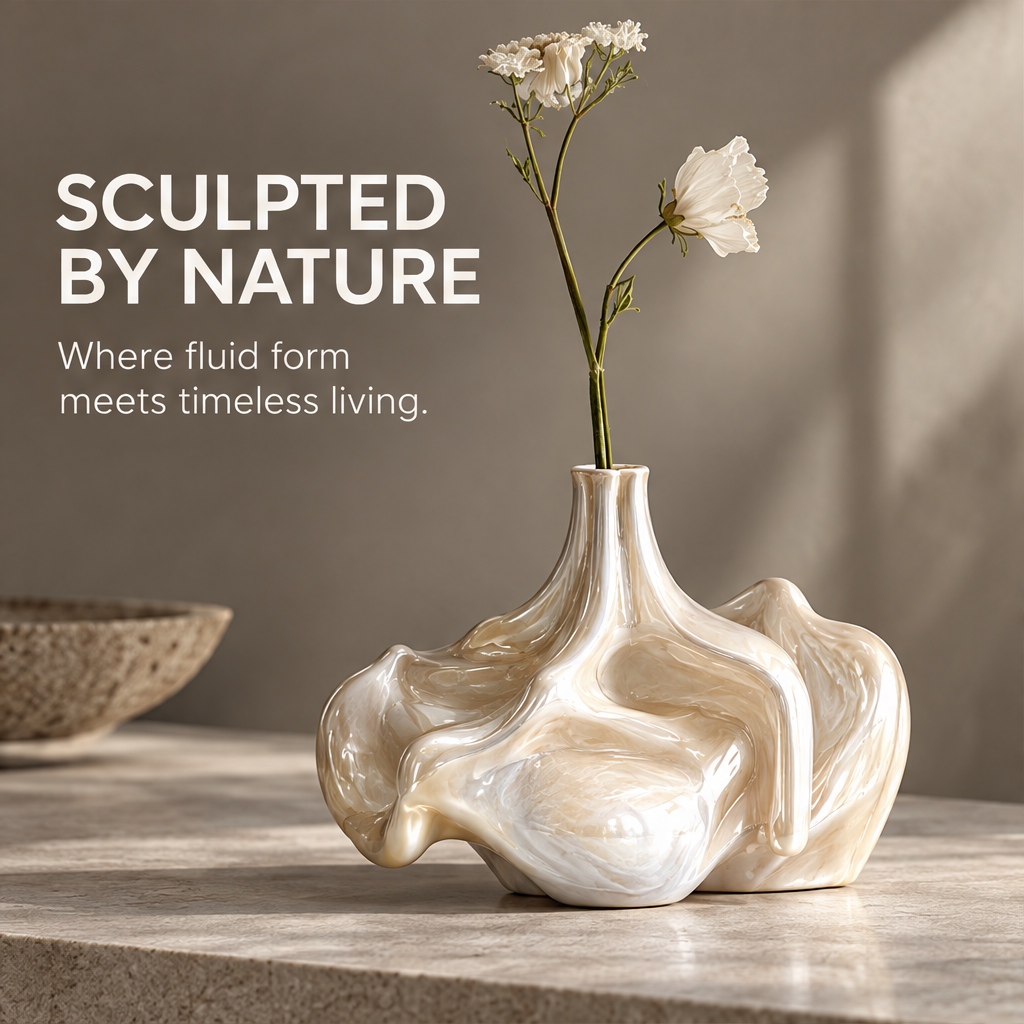 MARVOLM wide-cloud vase in arched interior with white carnation and Queen Anne’s lace stems beside stone sphere — More Than a Vase, a sculptural expression of calm crafted for a more beautiful tomorrow