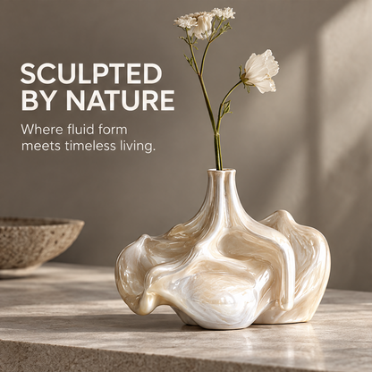 MARVOLM wide-cloud vase in arched interior with white carnation and Queen Anne’s lace stems beside stone sphere — More Than a Vase, a sculptural expression of calm crafted for a more beautiful tomorrow