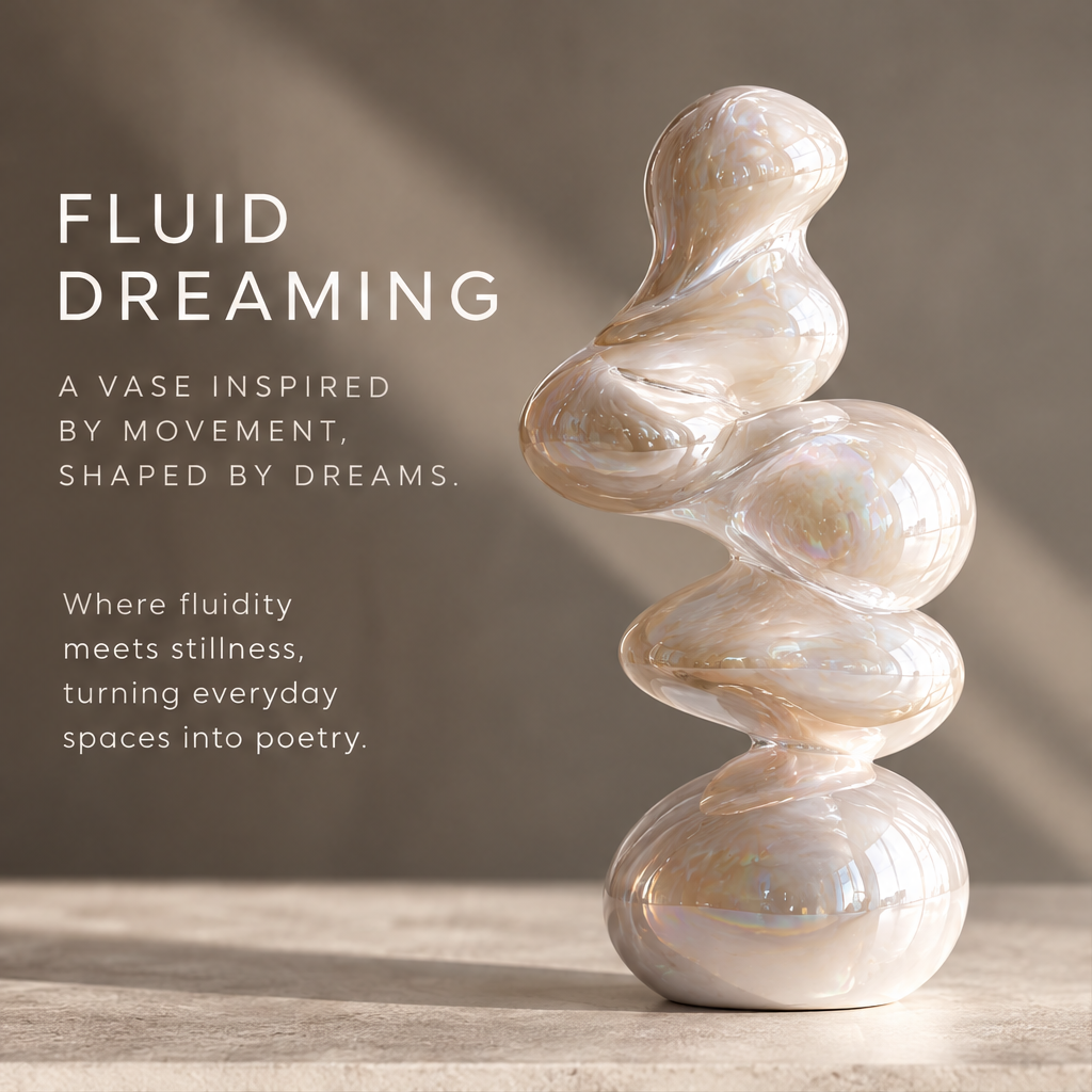 MARVOLM wave-stack totem sculptural vase clean product shot — stacked organic wave layers, iridescent pearl-gold glaze, neutral background