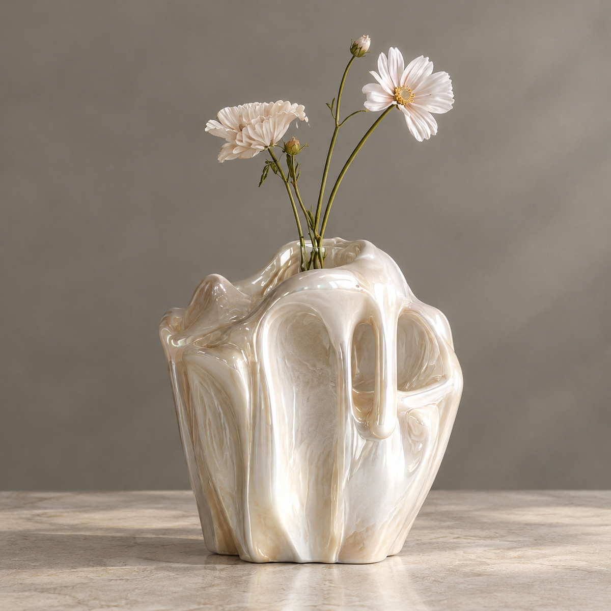 MARVOLM molten lava ruffle-rim sculptural vase clean product shot — organic flowing ridges, irregular ruffle top edge, iridescent champagne pearl glaze, neutral background
