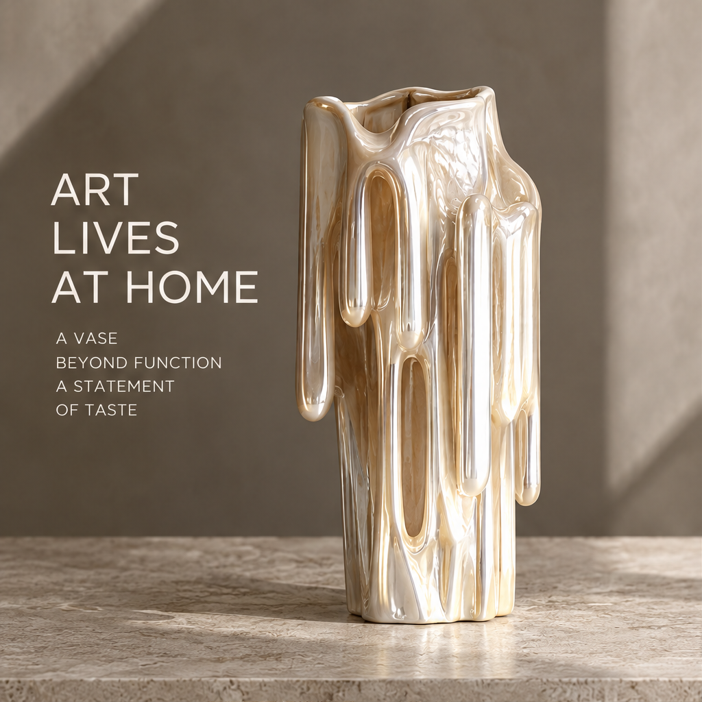 MARVOLM lava-drip multi-loop tall column sculptural vase clean product shot — square column body with multiple elongated drip loops, irregular molten rim, iridescent champagne pearl glaze, neutral background