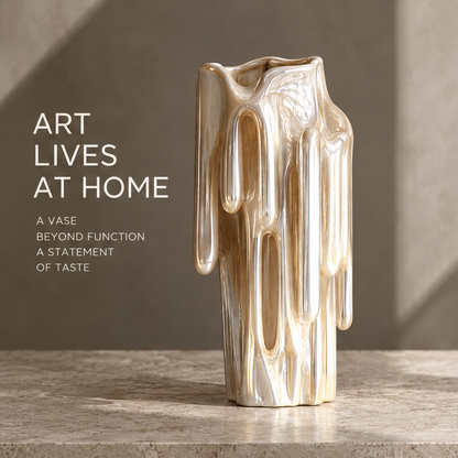 MARVOLM lava-drip multi-loop tall column sculptural vase clean product shot — square column body with multiple elongated drip loops, irregular molten rim, iridescent champagne pearl glaze, neutral background