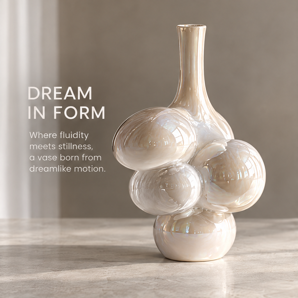MARVOLM bubble-cluster vase in warm side light — Dream in Form, where fluidity meets stillness, a vase born from dreamlike motion
