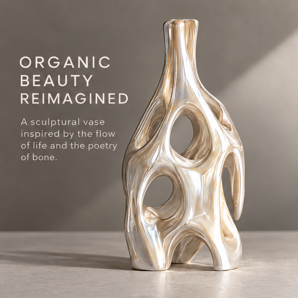 MARVOLM tall sculptural vase front view — Organic Beauty Reimagined, inspired by the flow of life and the poetry of bone