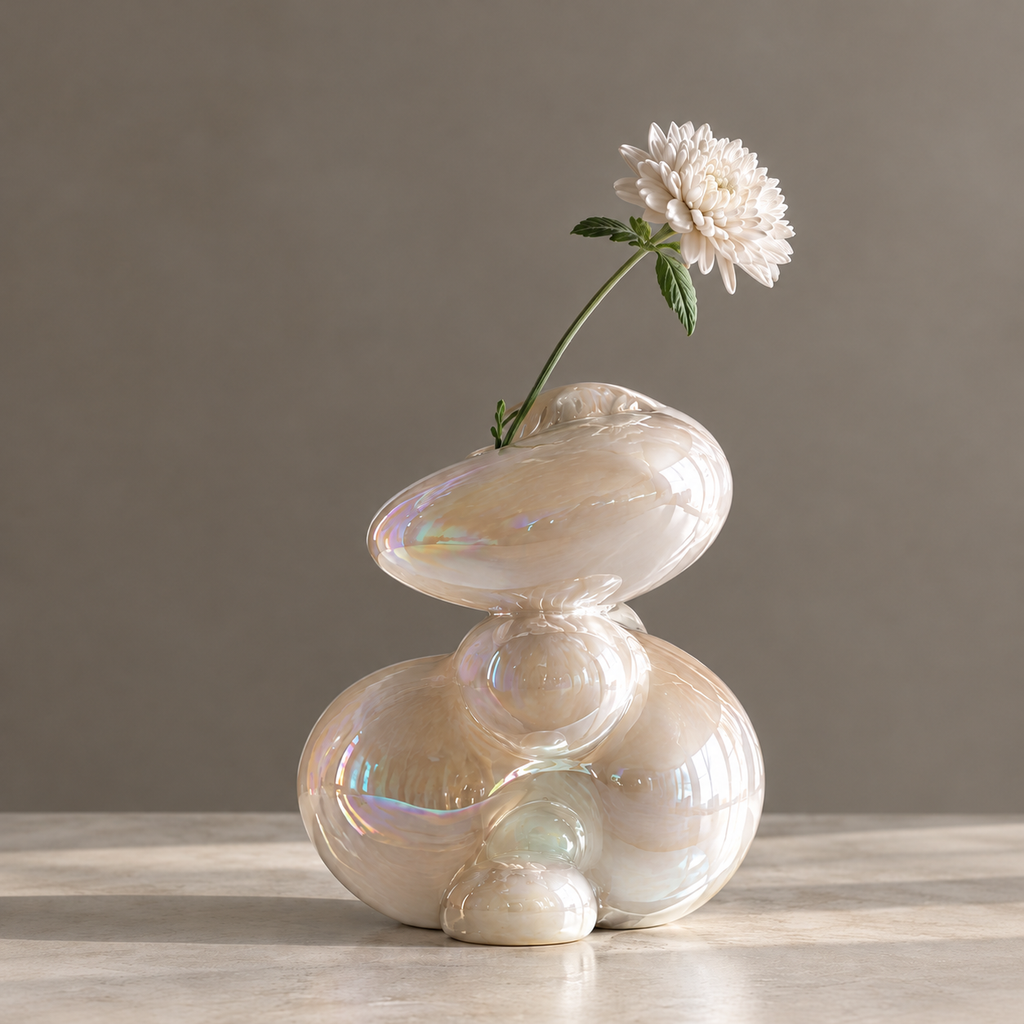 MARVOLM bubble-stack sculptural vase clean product shot — stacked spherical forms with rainbow iridescent glaze, neutral background