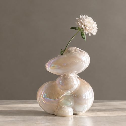 MARVOLM bubble-stack sculptural vase clean product shot — stacked spherical forms with rainbow iridescent glaze, neutral background