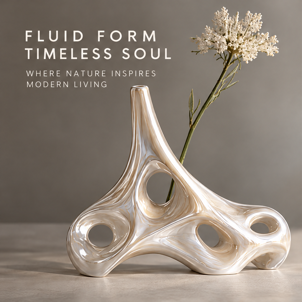MARVOLM low-profile organic sculptural vase clean product shot — single neck, sweeping horizontal form with pearlescent glaze