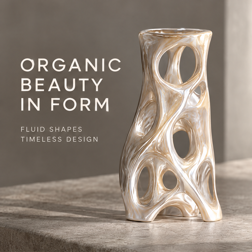 MARVOLM cylindrical open-weave sculptural vase clean product shot — tall oval cutouts with pearlescent glaze, neutral background