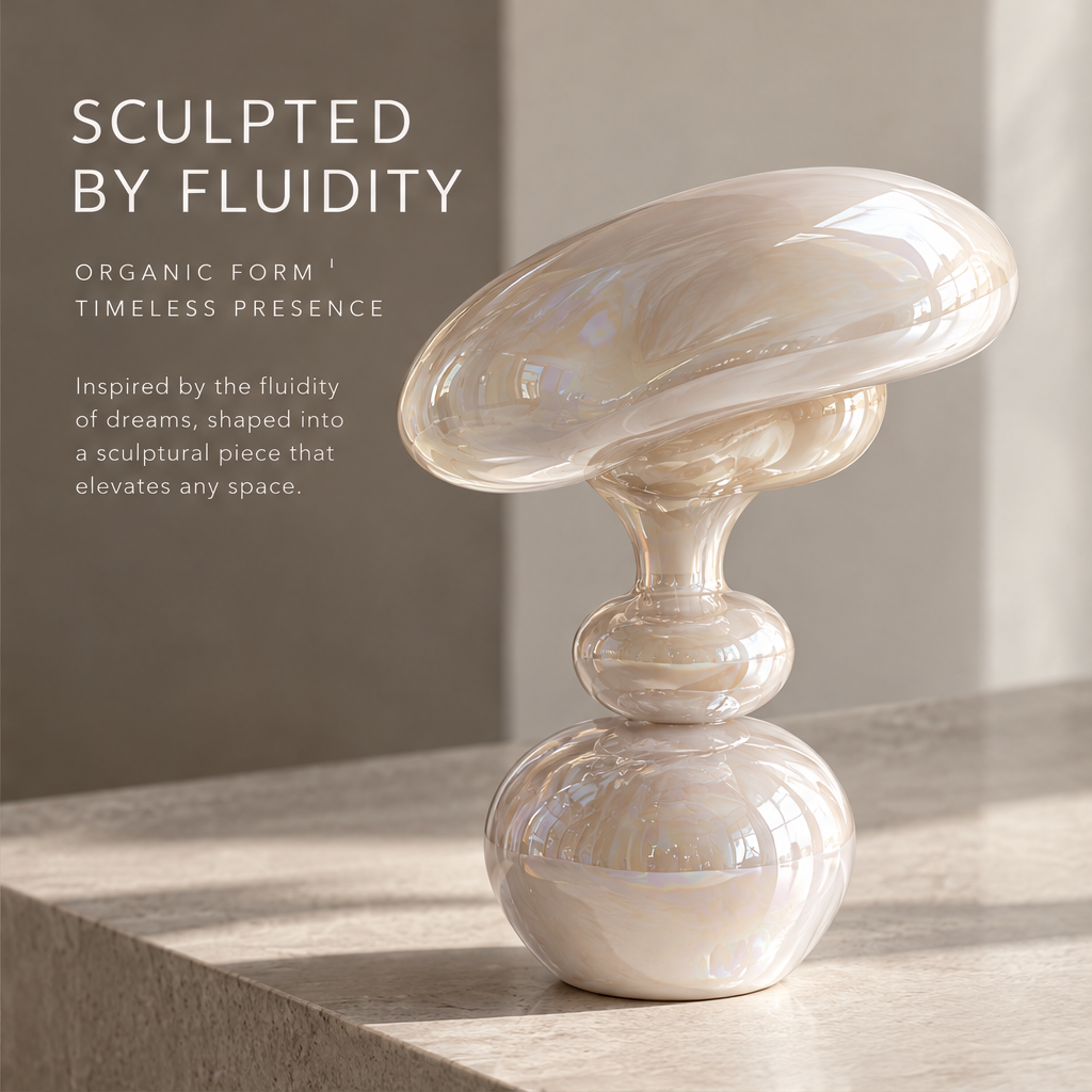 MARVOLM mushroom vase in warm side light — Dream in Flow, a vase for a softer world, where fluid forms meet everyday beauty turning spaces into dreamscapes