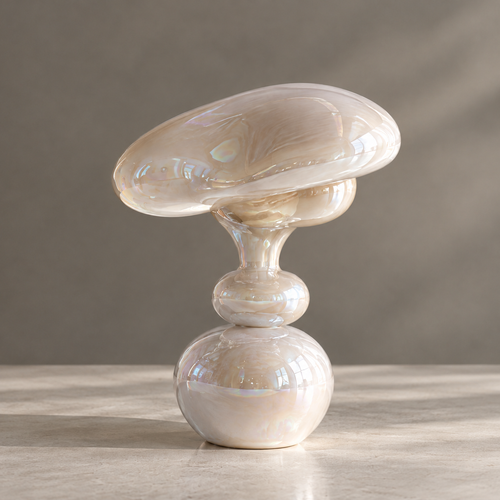 MARVOLM mushroom-cap vase in window light on marble steps — Sculpted by Fluidity, organic form timeless presence, inspired by the fluidity of dreams