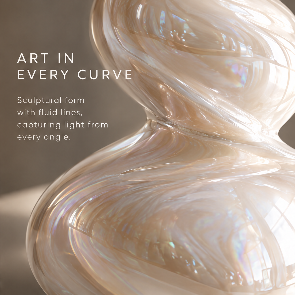 MARVOLM totem vase surface macro detail — Art in Every Curve, sculptural form with fluid lines capturing rainbow iridescent light from every angle