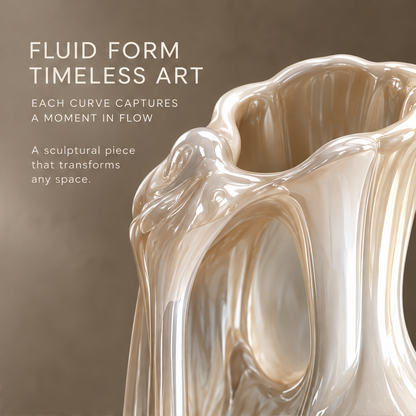 MARVOLM lava-drape tall torso vase clean product shot — slender column body, flowing lava arm drape on left shoulder, irregular wave rim top, iridescent pearl glaze, neutral background