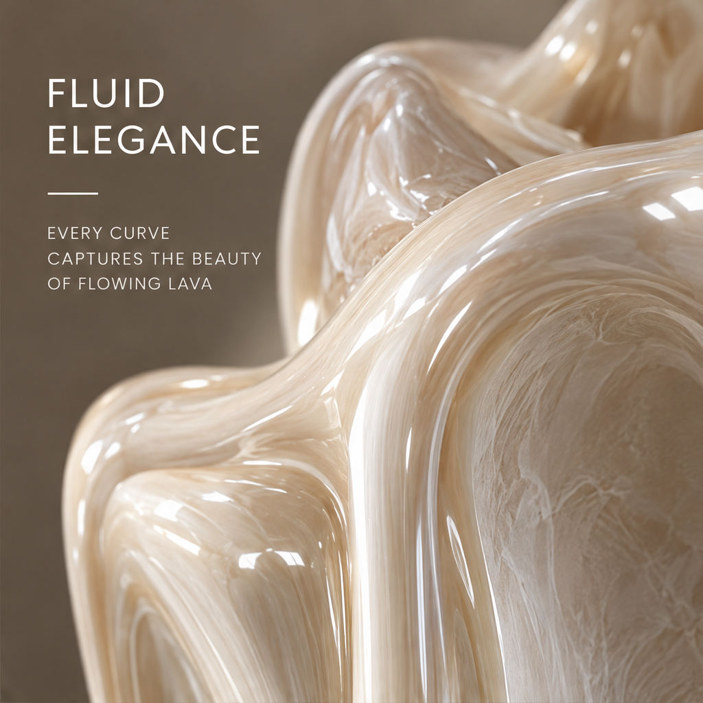 MARVOLM lava vase surface macro detail — Fluid Elegance, every curve captures the beauty of flowing lava, iridescent pearl champagne glaze close-up