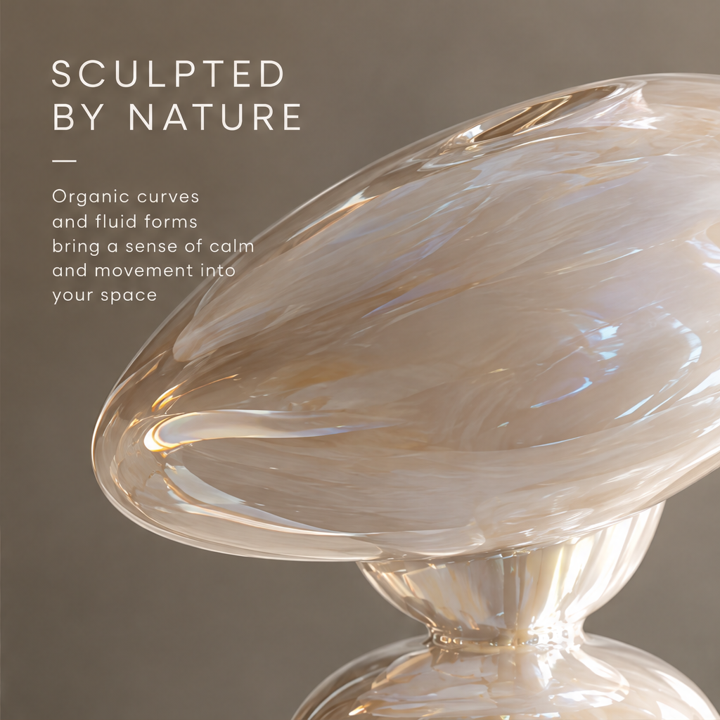 MARVOLM tilted disc vase clean product shot — oversized tilting elliptical disc on hourglass double-sphere base, iridescent pearl glaze, neutral background