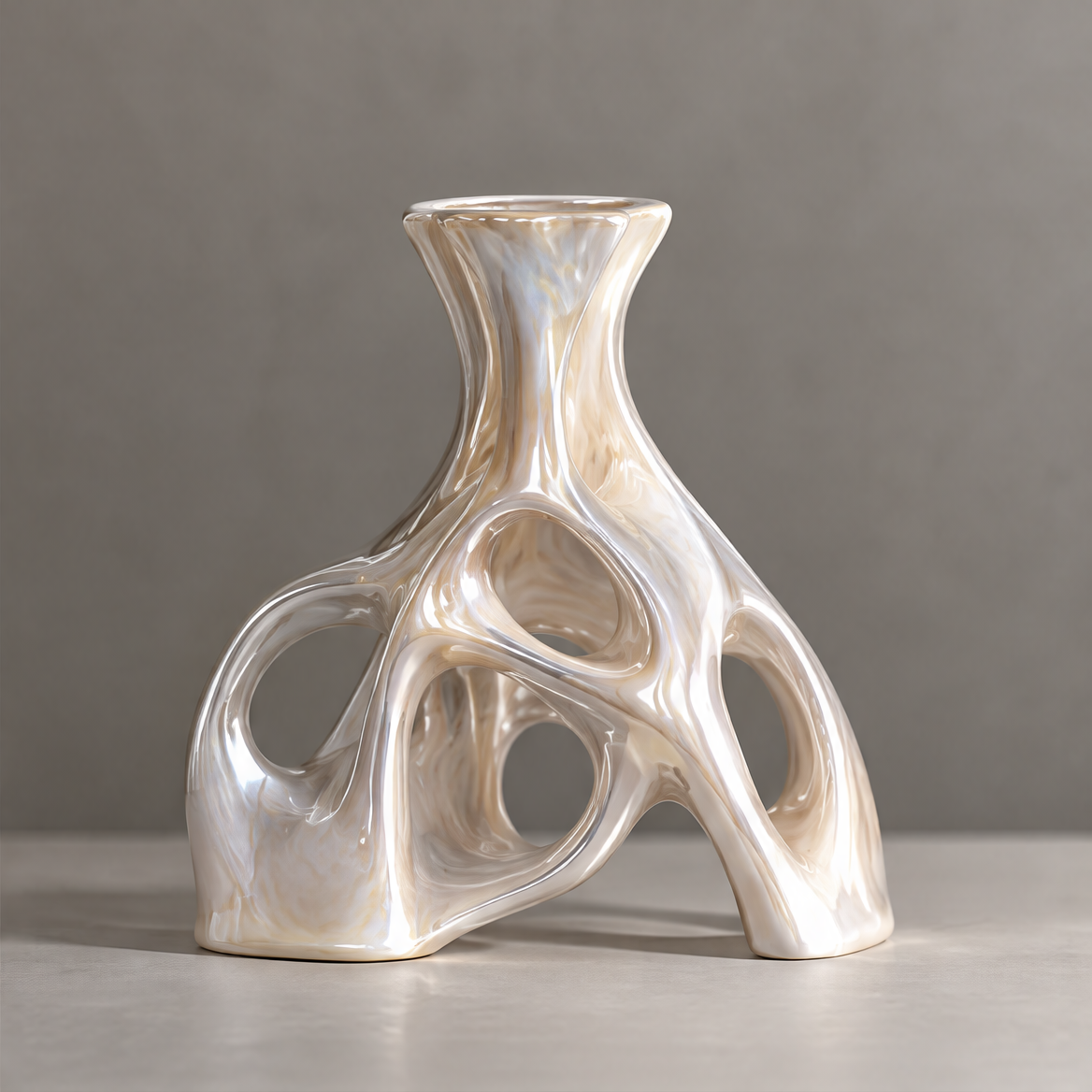 MARVOLM tripod sculptural vase clean product shot — fluid arched base with pearlescent finish, neutral background
