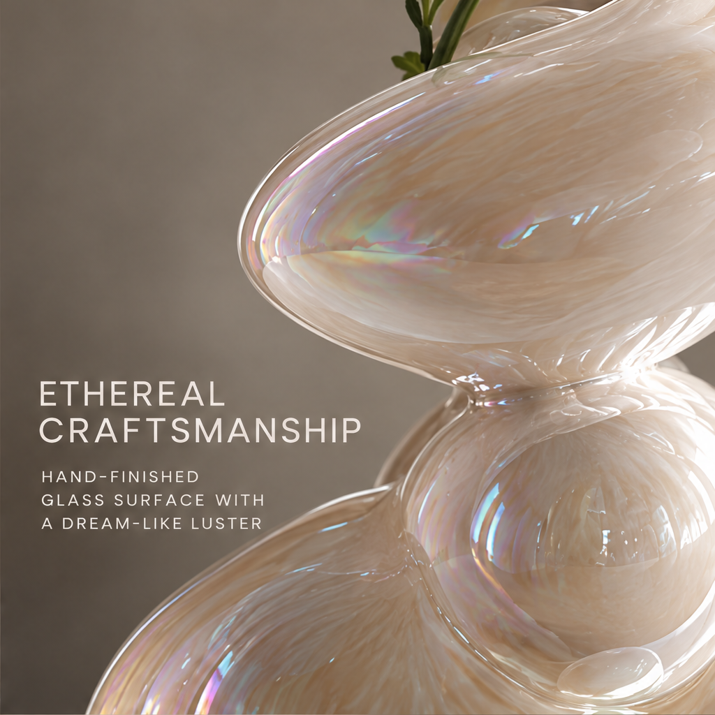 MARVOLM bubble-stack vase close-up — Ethereal Craftsmanship, hand-finished glass surface with a dream-like rainbow luster
