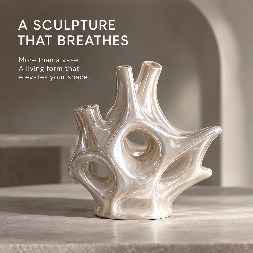 MARVOLM sculptural vase with dried white flowers, showing fluid organic form with pearlescent glaze — front view with natural light