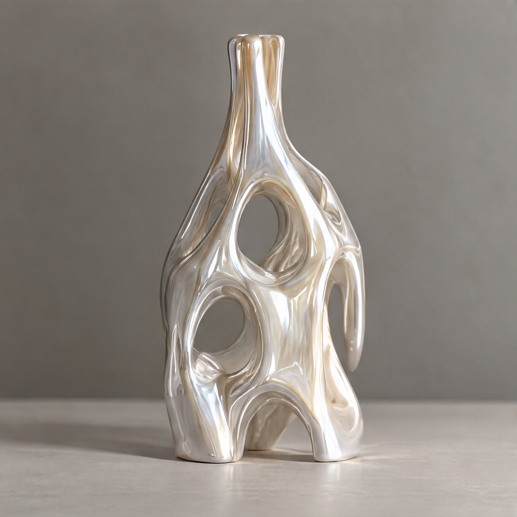 MARVOLM tall bone-inspired sculptural vase clean product shot — pearlescent glaze, vertical organic form against neutral background