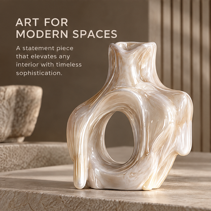 MARVOLM open-oval lava vase on stone steps with columned interior — Art for Modern Spaces, a statement piece that elevates any interior with timeless sophistication