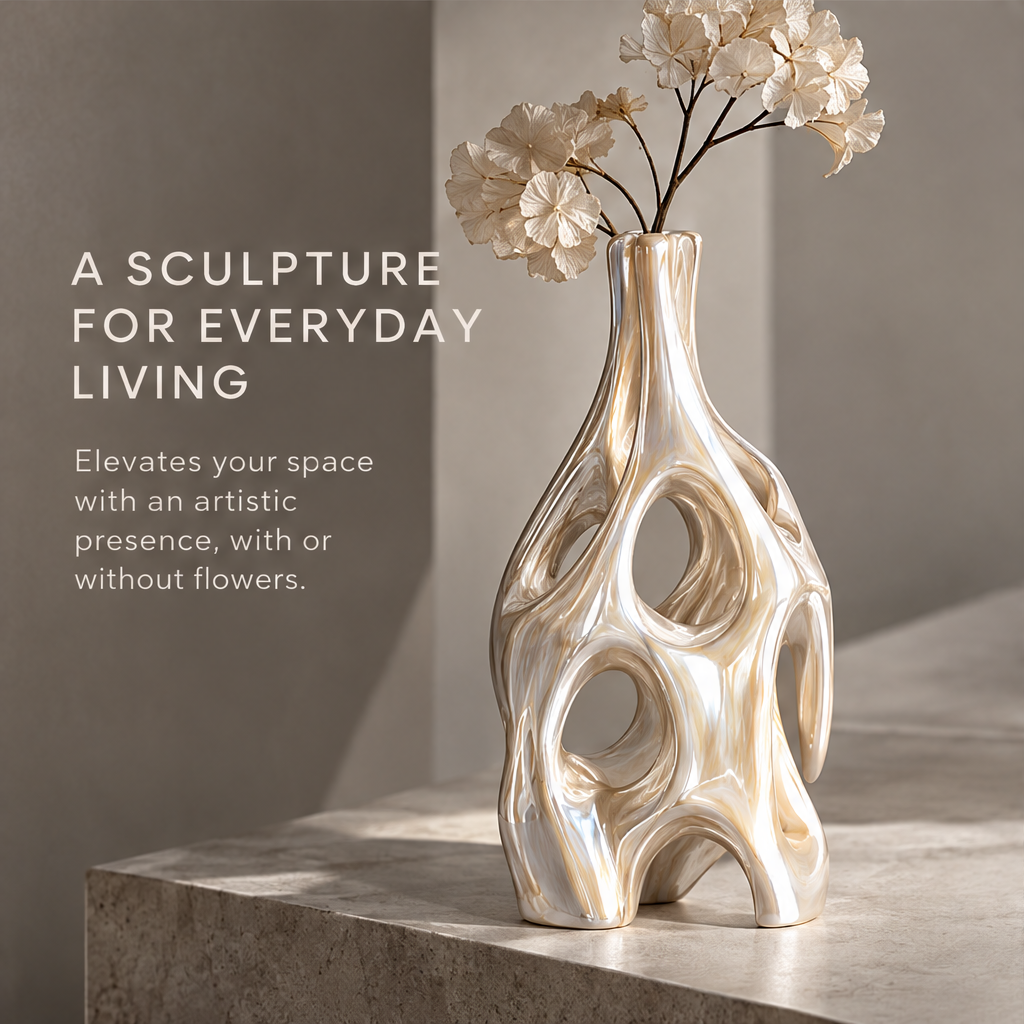 MARVOLM tall sculptural vase with dried white flowers on marble shelf — A Sculpture for Everyday Living, elevates your space with or without flowers