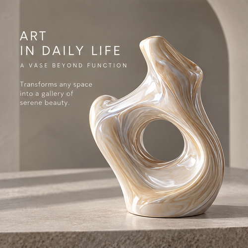 MARVOLM loop sculptural vase with white dried flower beside a stone block — Life Takes Form, Nature Reborn, fluid lines inspired by the endless cycle of nature
