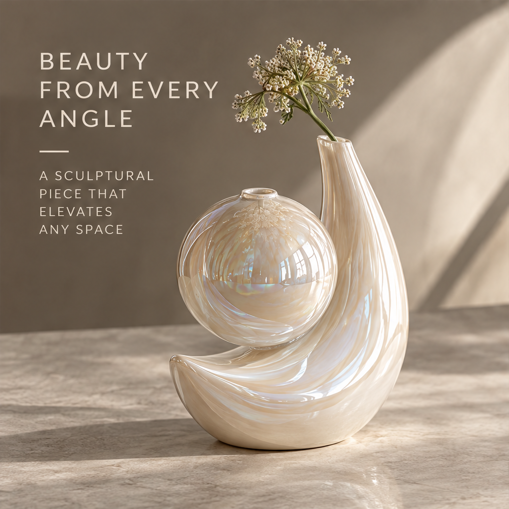 MARVOLM moon and orb sculptural vase with wild flowers against warm grey — Dreams Take Shape, a vase inspired by flow, light and a more beautiful you