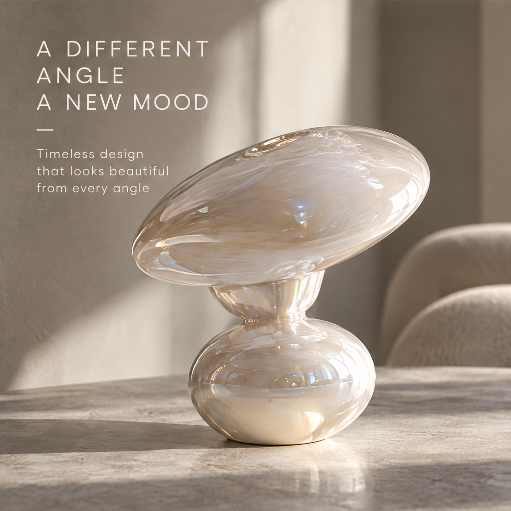 MARVOLM disc vase on marble table with dining chairs — A Different Angle A New Mood, timeless design that looks beautiful from every angle