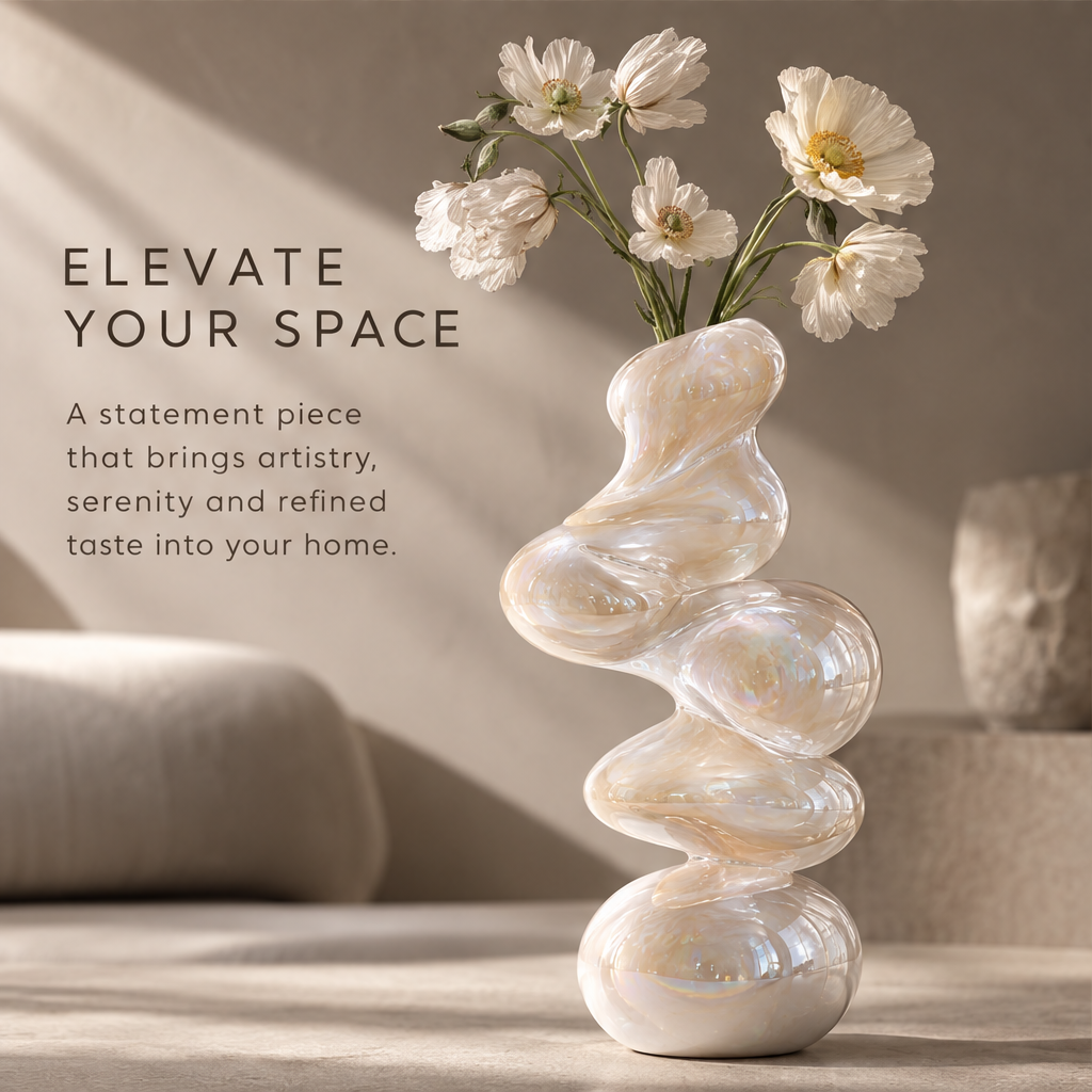 MARVOLM wave-stack totem sculptural vase with white cosmos flowers in soft interior — Elevate Your Space, a statement piece bringing artistry, serenity and refined taste into your home
