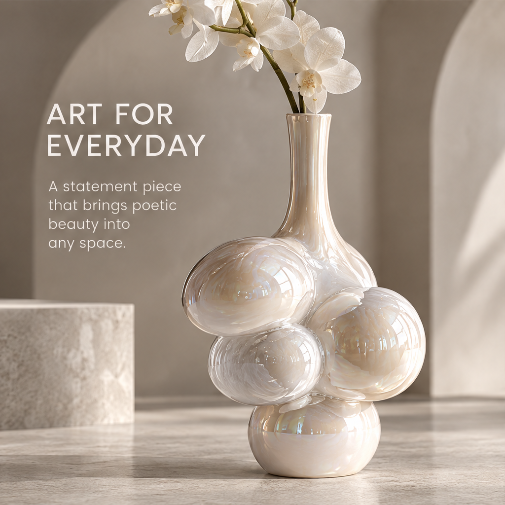 MARVOLM bubble-cluster tall-neck sculptural vase with white orchid branches in arched interior — Art for Everyday, a statement piece that brings poetic beauty into any space