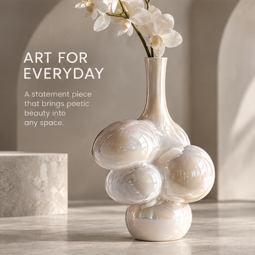MARVOLM bubble-cluster tall-neck sculptural vase with white orchid branches in arched interior — Art for Everyday, a statement piece that brings poetic beauty into any space