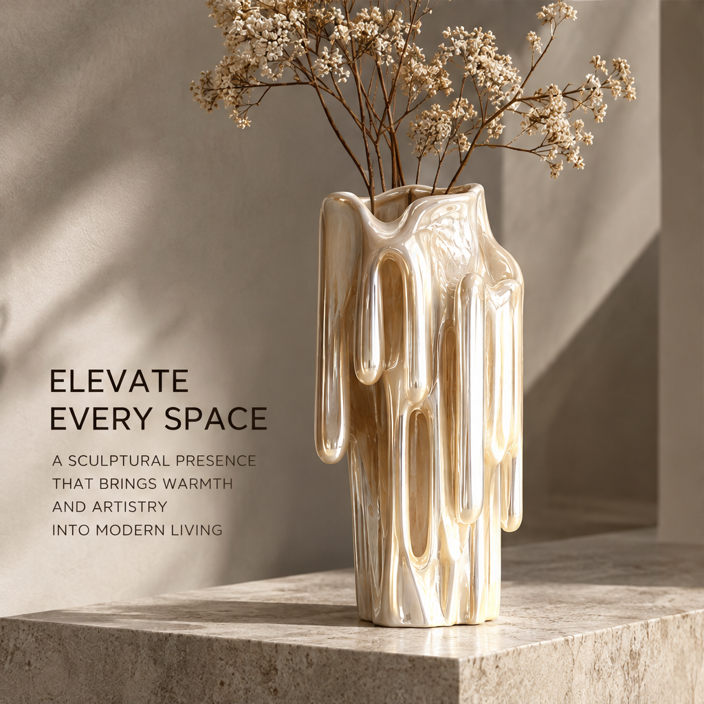 MARVOLM multi-loop column vase with dried baby’s breath bouquet on stone steps in warm directional light — Elevate Every Space, a sculptural presence that brings warmth and artistry into modern living