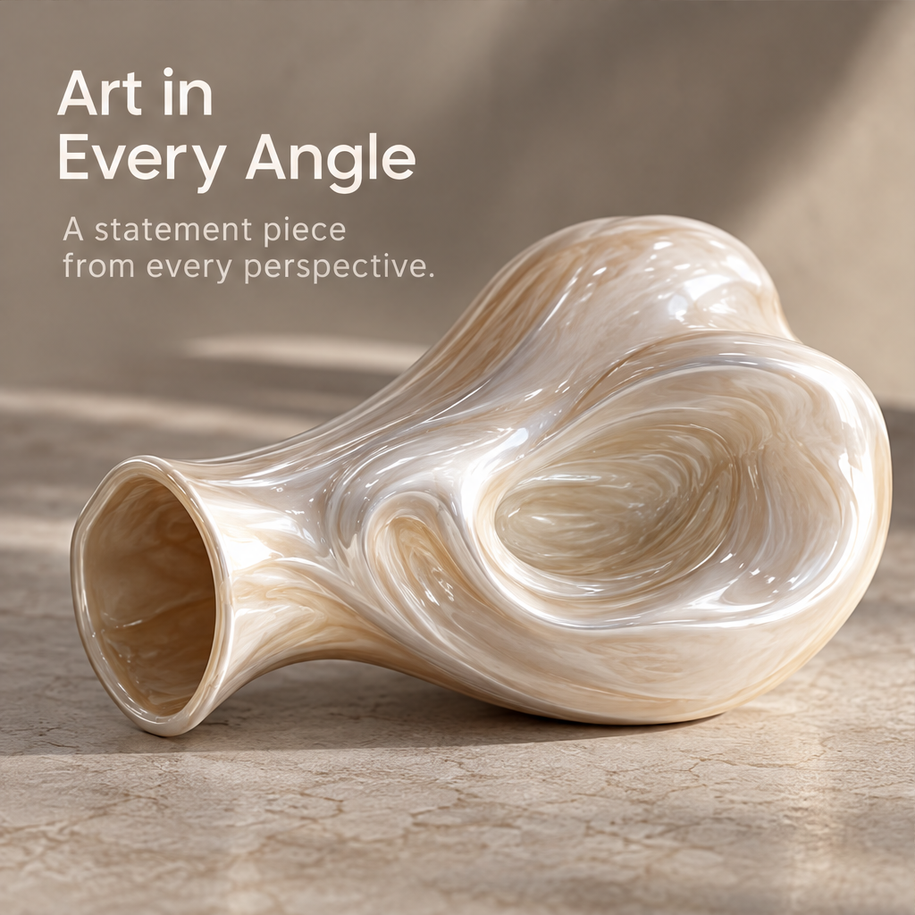 MARVOLM organic bulbous vase lying on its side on cracked stone surface — Art in Every Angle, a statement piece from every perspective, revealing inset oval and petal base from horizontal view