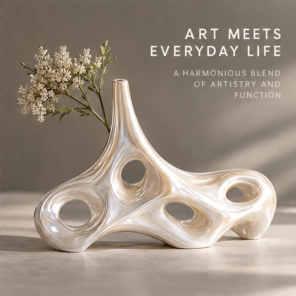 MARVOLM low sculptural vase with white dried flowers — Art Meets Everyday Life, a harmonious blend of artistry and function in warm natural light