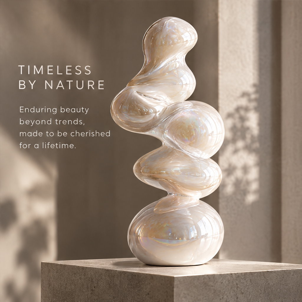 MARVOLM totem vase on stone plinth in columned interior — Timeless by Nature, enduring beauty beyond trends, made to be cherished for a lifetime