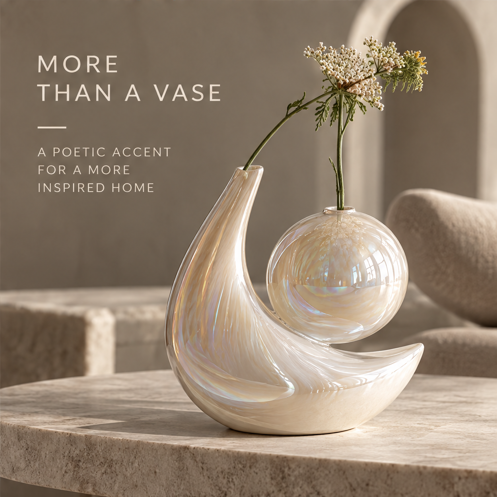 MARVOLM crescent moon and orb dual sculptural vase clean product shot — two wild flower stems in separate openings, iridescent pearl glaze, neutral background