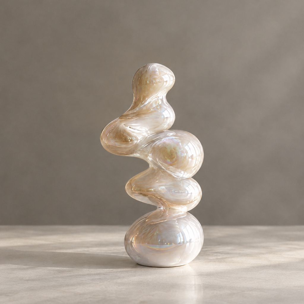 MARVOLM wave-stack vase in diagonal warm light — Fluid Dreaming, a vase inspired by movement shaped by dreams, where fluidity meets stillness turning everyday spaces into poetry