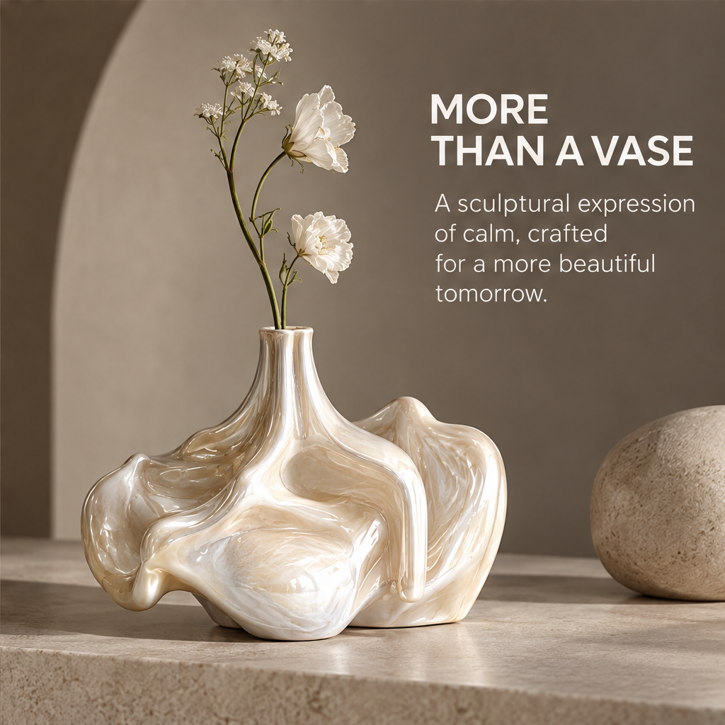 MARVOLM wide-cloud base vase with white flowers beside woven bowl in warm light — Sculpted by Nature, where fluid form meets timeless living