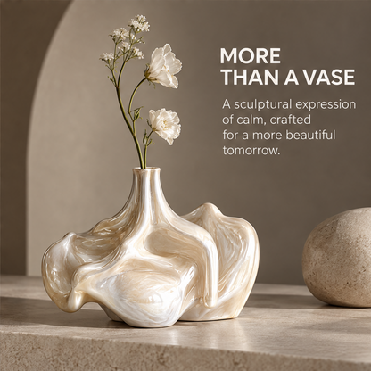 MARVOLM wide-cloud base vase with white flowers beside woven bowl in warm light — Sculpted by Nature, where fluid form meets timeless living