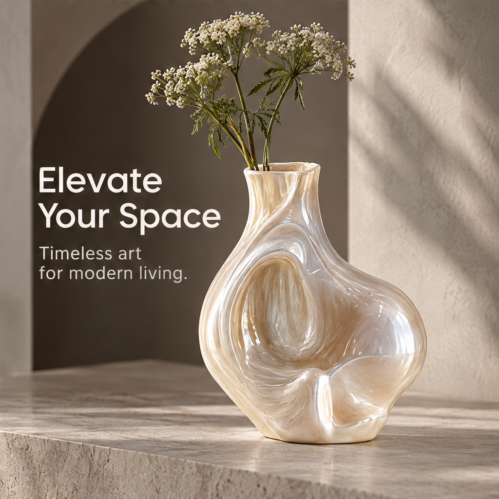 MARVOLM organic bulbous inset-oval sculptural vase with Queen Anne’s lace stems in arched interior — Elevate Your Space, timeless art for modern living